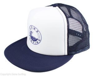 Flat Bill Trucker Hat with White Foam Front & Navy Gone Surfing Co Logo