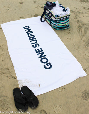 Large Plush White Towel with 'Gone Surfing' Print 30x60 inch